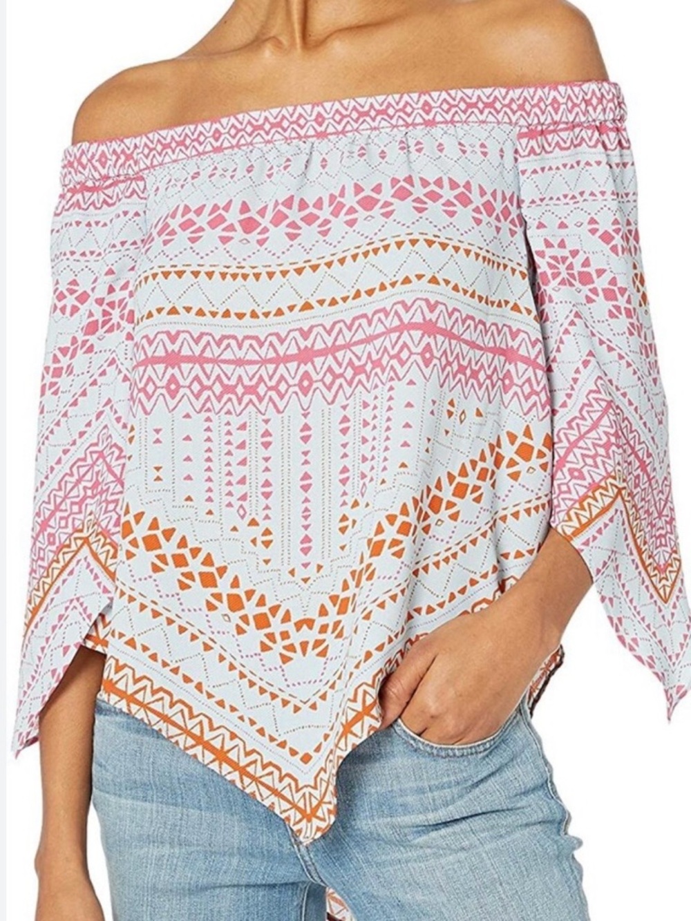 BCBGMaxAzria Off-Shoulder Printed Top in Pink & Orange